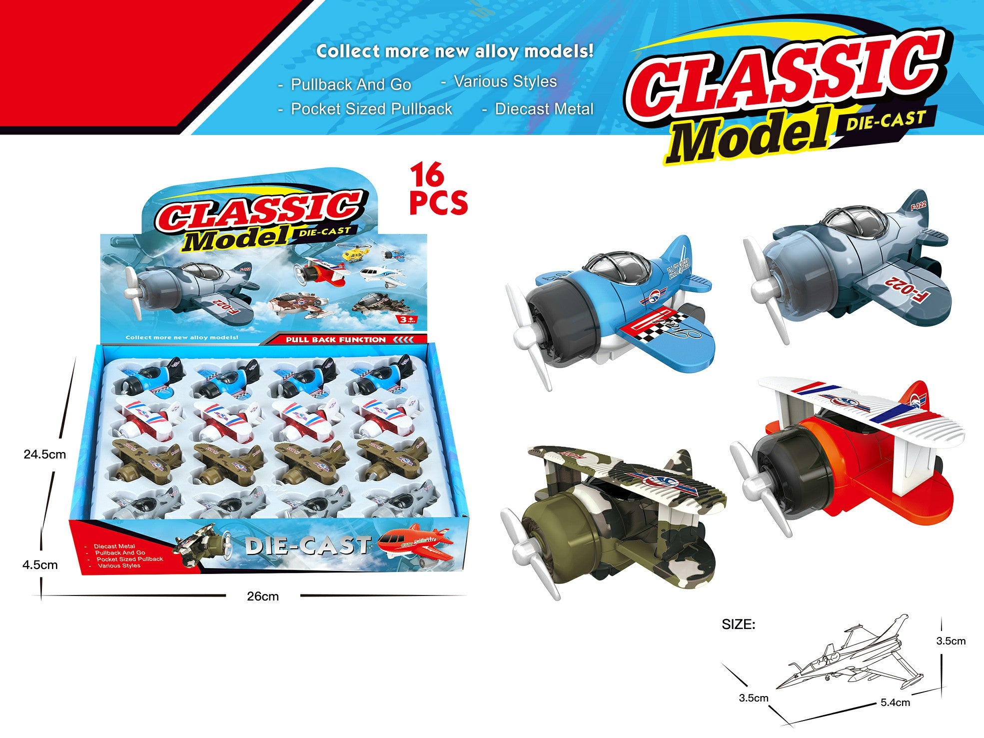 Mini Pullback Toy - Bi Plane (Box of 16)