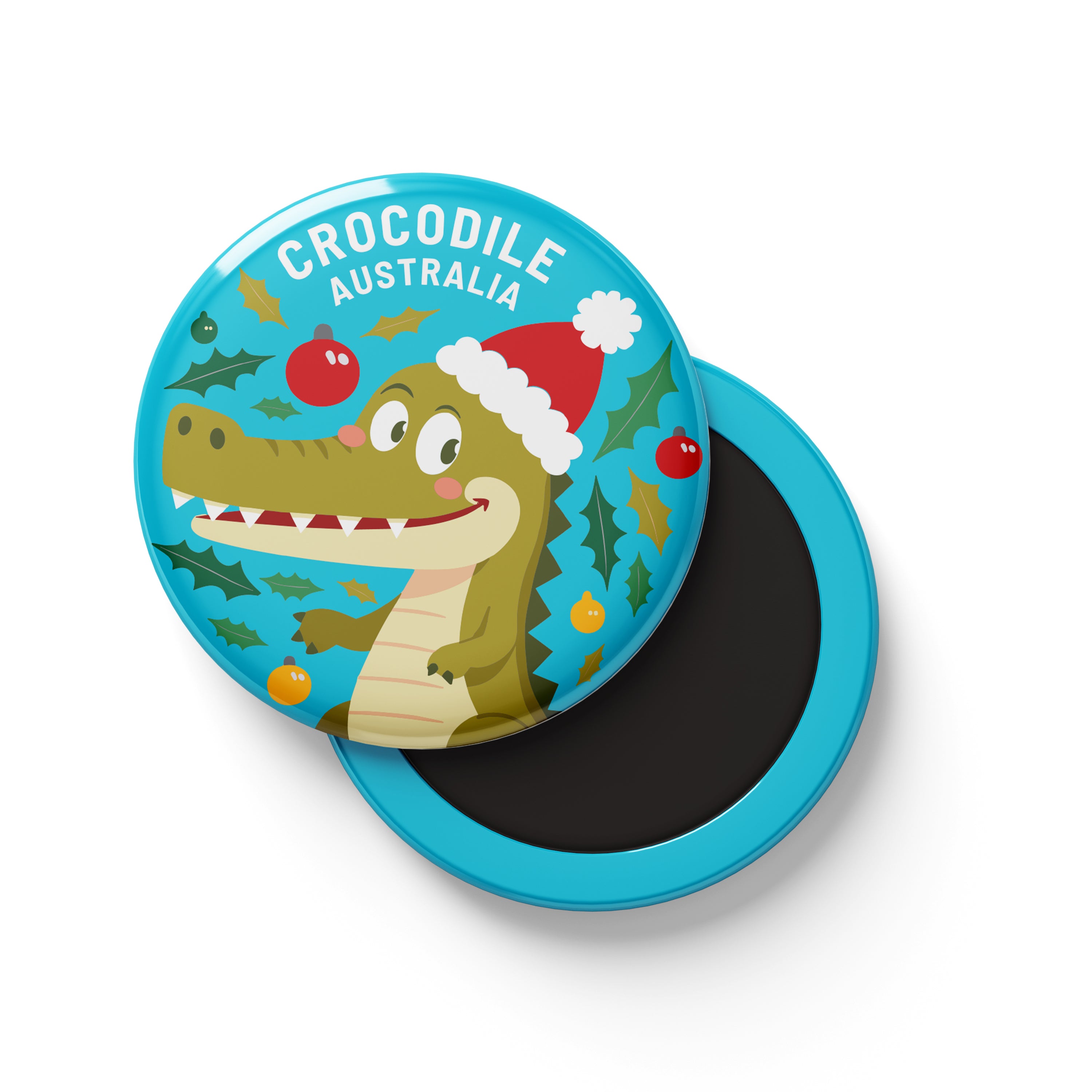 Tin Fridge Magnet - Christmas Crocodile Blue Round