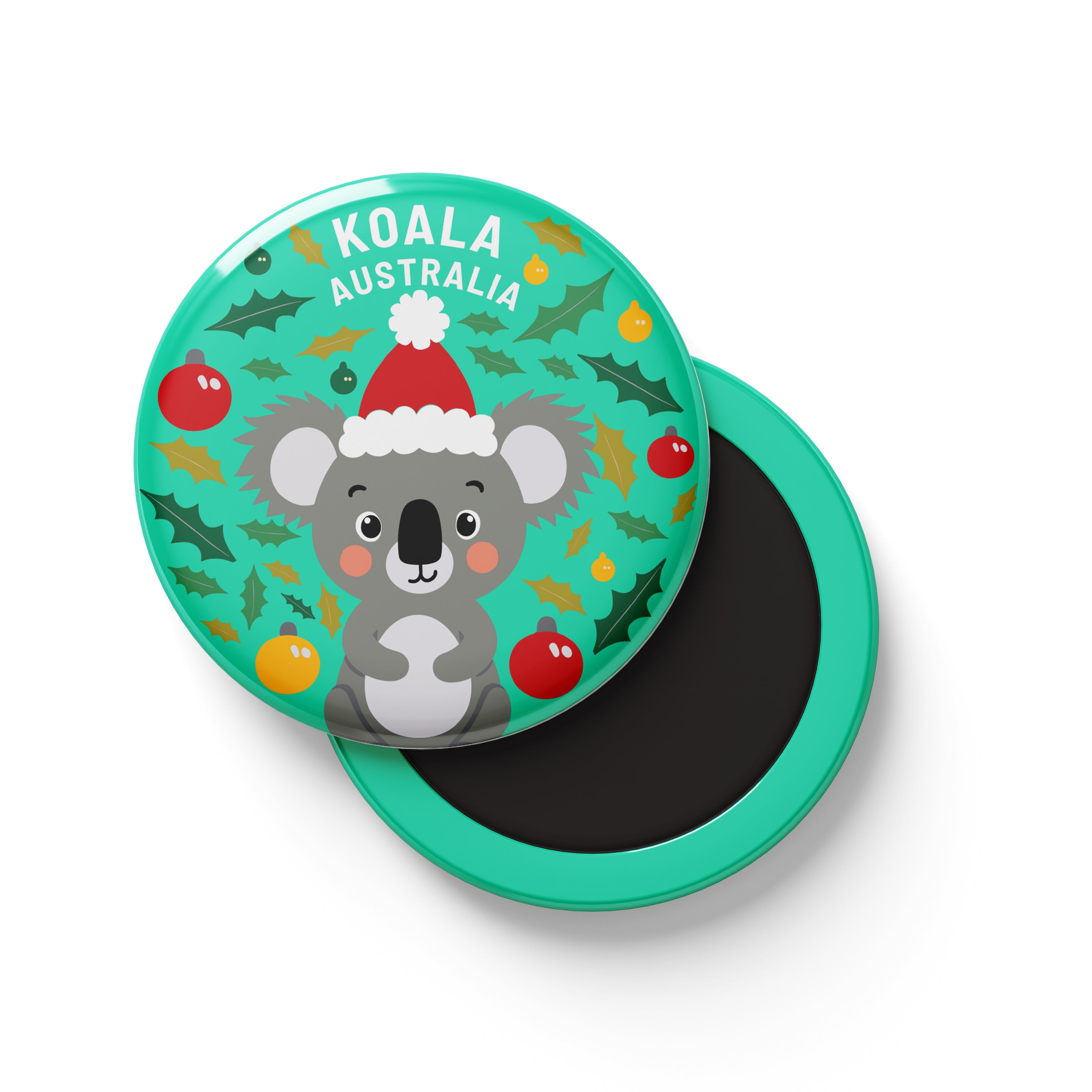 Tin Fridge Magnet - Christmas Koala Green Round