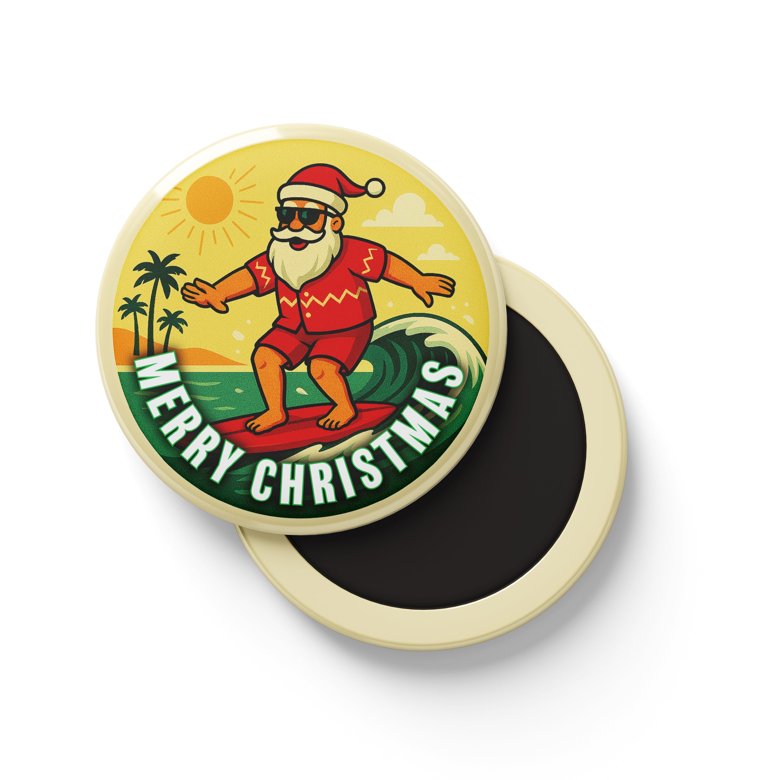 Tin Fridge Magnet - Christmas Surfing Santa Round
