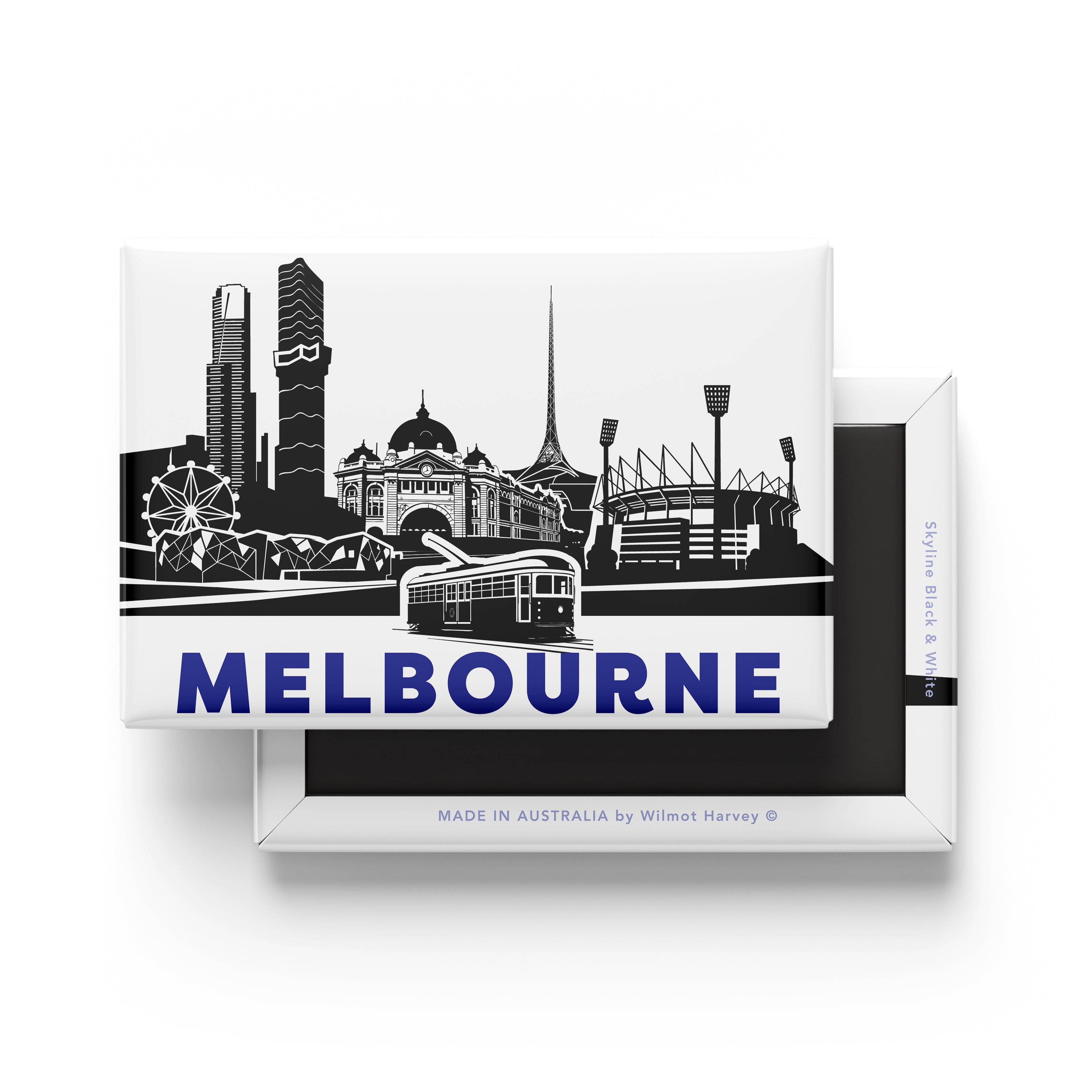 Tin Fridge Magnet - Melbourne Skyline Black & White
